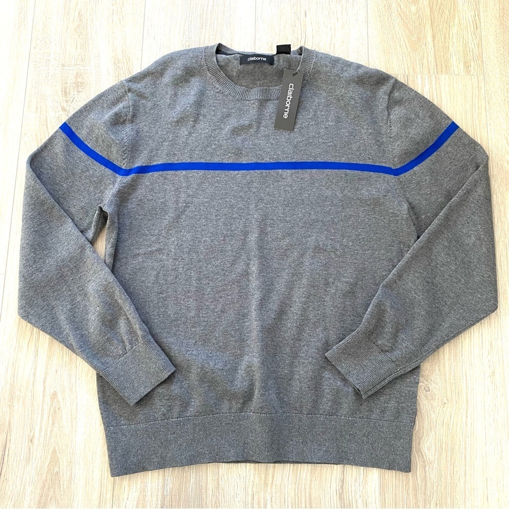 Claiborne Cloudy Heather Gray Blue Stripe Sweater Sz M